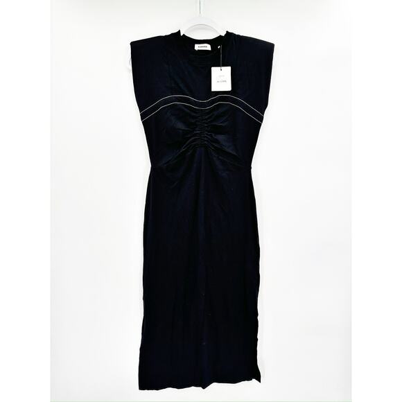 Sandro Black Stitched Ruched Gathered Midi Dress Size 34 NWT - Picture 2 of 6